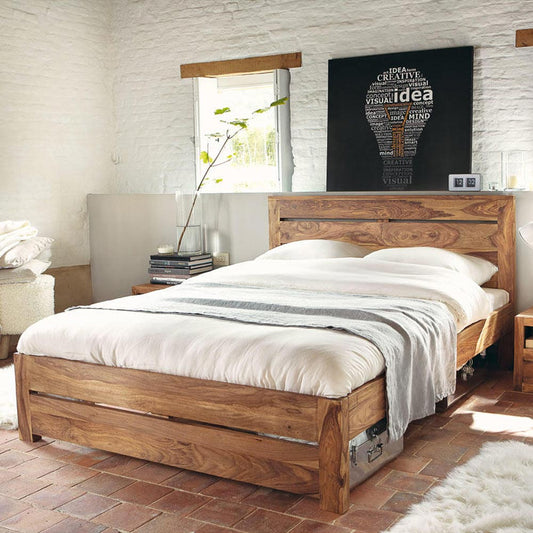 Heri King Size Bed Minimalist Solid Sheesham Wood  | Slatted Headboard | Dark Natural Finish