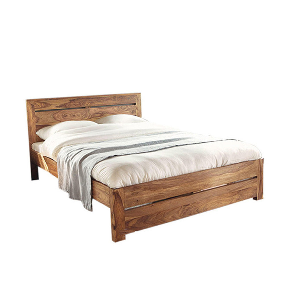 Heri King Size Bed Minimalist Solid Sheesham Wood  | Slatted Headboard | Dark Natural Finish