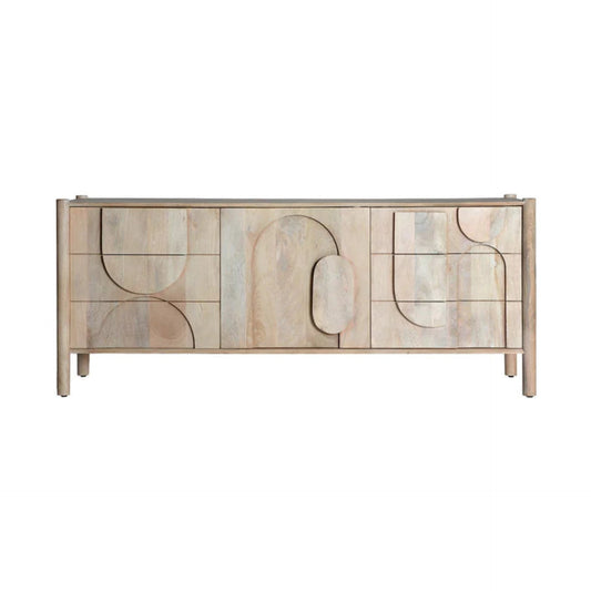 Zen Solid Mango wood Sideboard with Geometric Arch 3 Doors in White Wash Finish