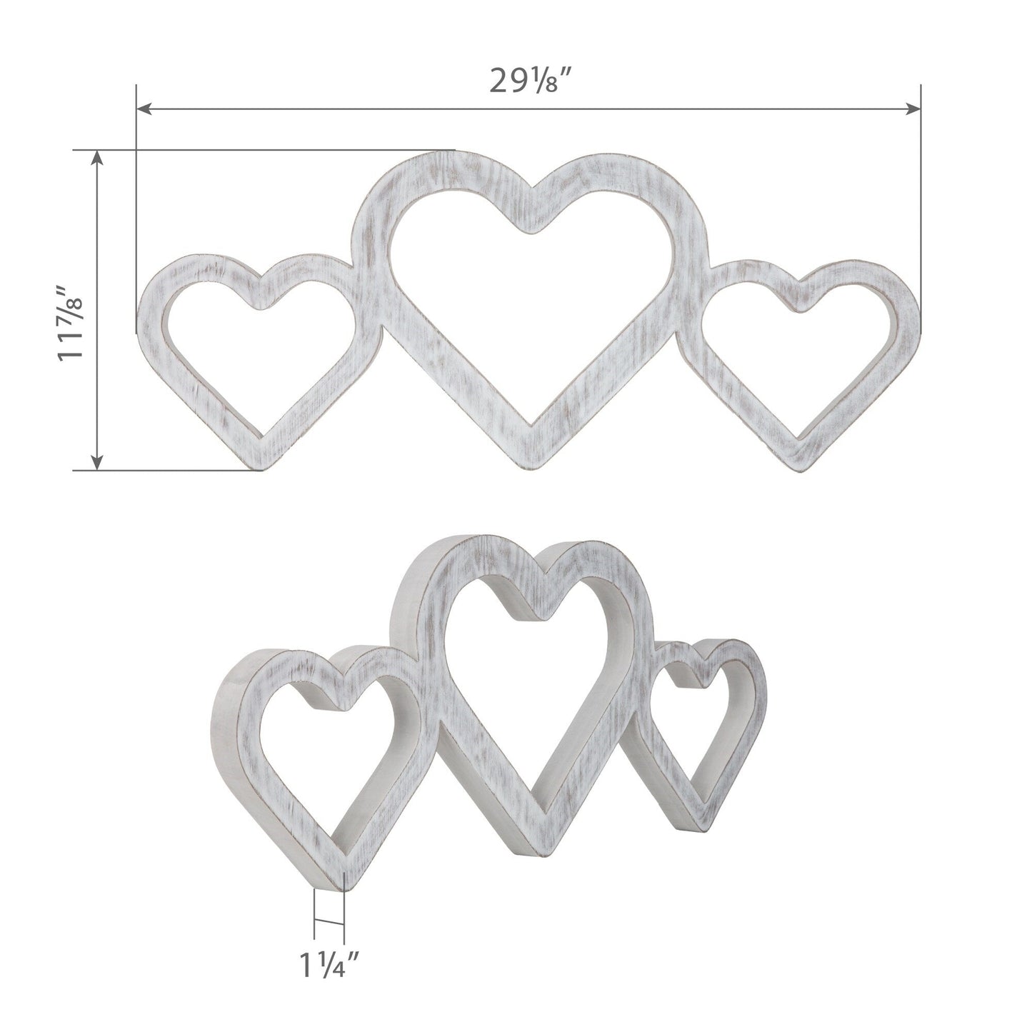 Large Whitewashed Triple Heart Wood| Love Accent for Wall or Shelf