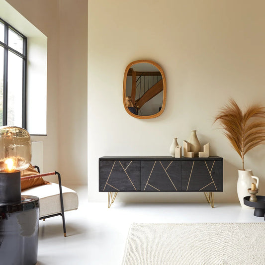 3-Door Black TV Stand Table with Geometric Gold Inlay