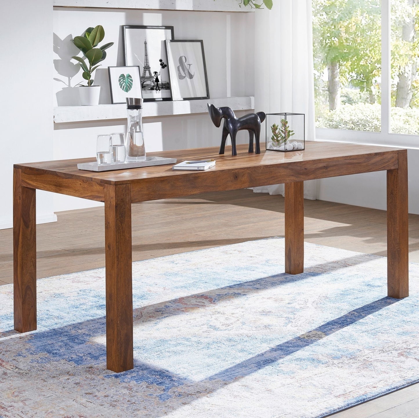 Solid Sheesham Wood Dining Table Contemporary Block-Leg Design