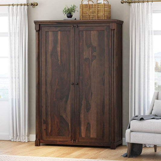 Classic Sheesham Wood 2-Door Wardrobe with Multi-Level Storage