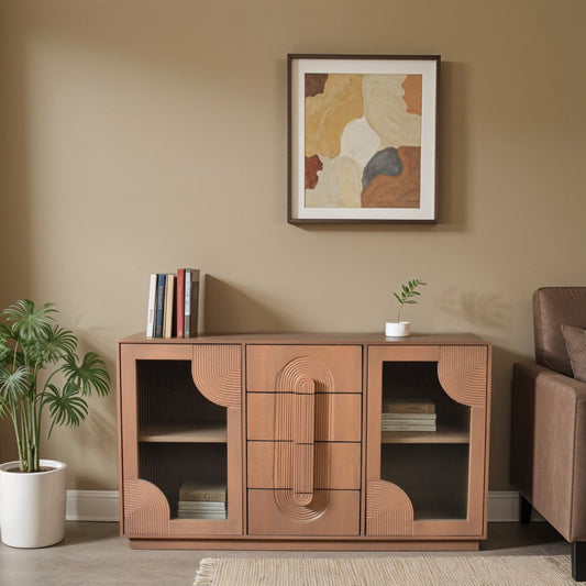 Art Deco-Inspired Fluted Glass Sideboard with 2 Door & 4 Drawer