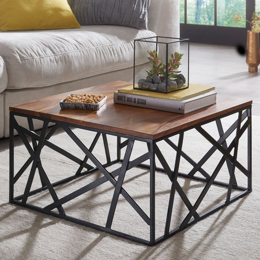 Industrial Square Coffee Table & Abstract Geometric Black Metal Base