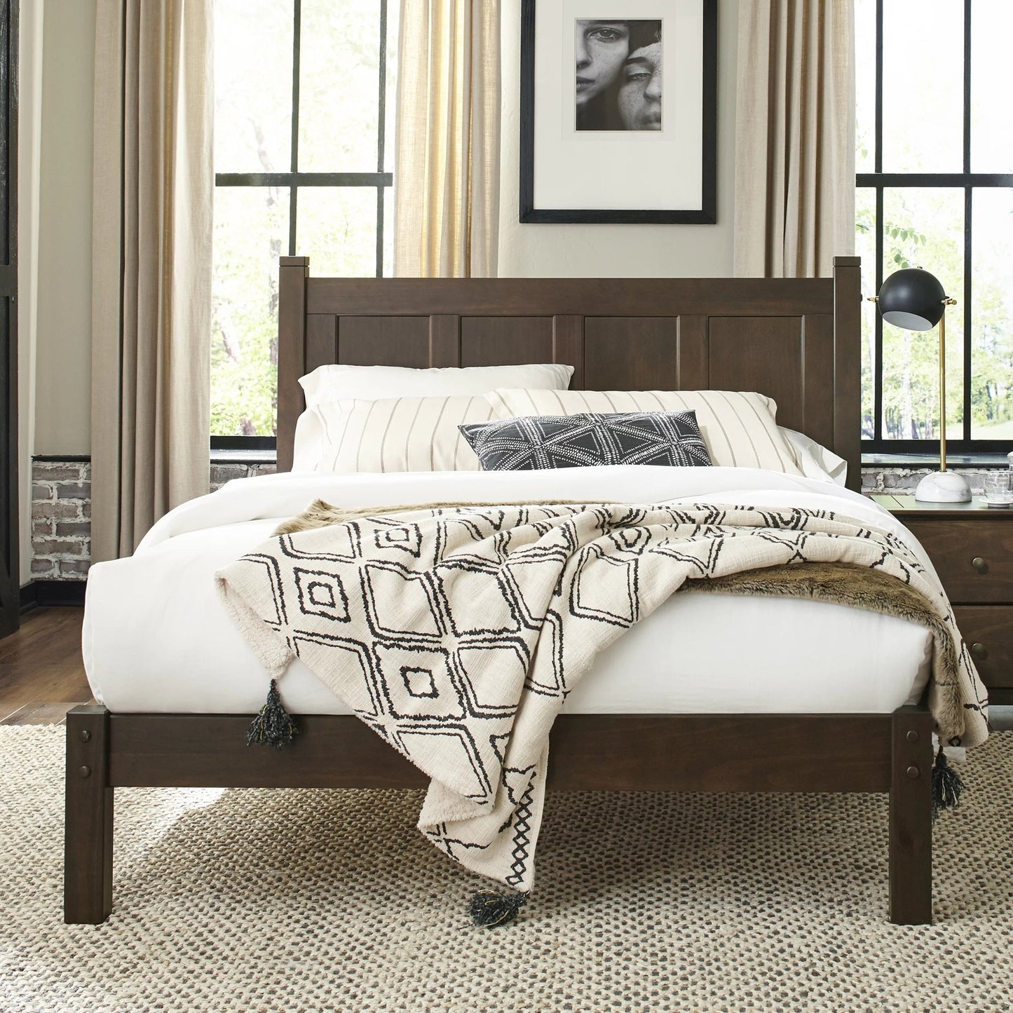 Aker Solid Wood Platform Bed  with Paneled Headboard | Dark Brown Finish