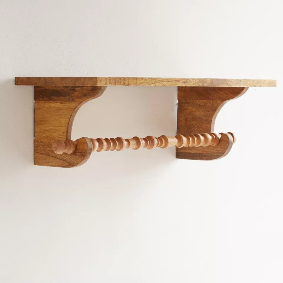 Handcrafted Mango Wood Wall Shelf with Detachable Spindle Bar