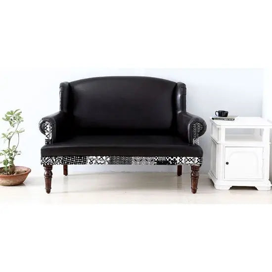 Maharani Sofa Vintage Black Leatherette 2-Seater Sofa with Wooden Legs