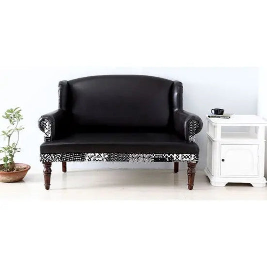 Maharani Sofa Vintage Black Leatherette 2-Seater Sofa with Wooden Legs