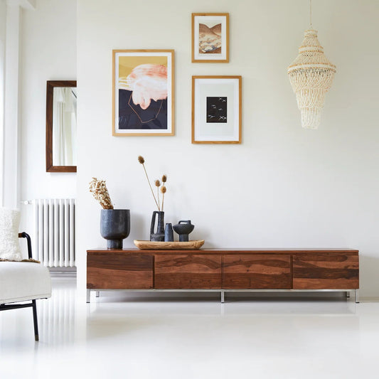Artisan Solid Wood TV Stand with Storage Drawers & Open Shelf