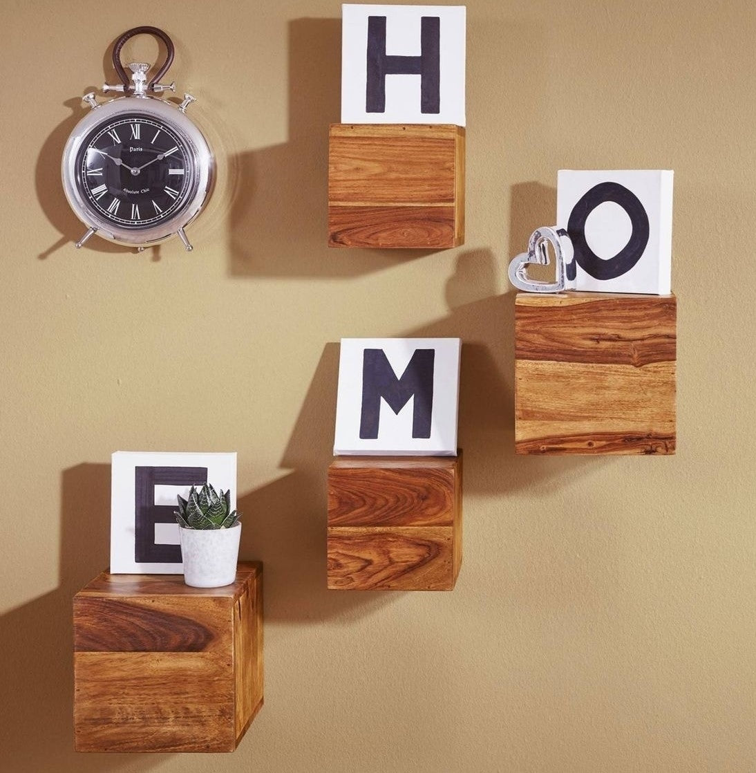 Sheesham Wood Floating Cube Wall Shelf in Teak Finish