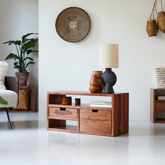 Trestle Solid Sheesham Wood TV Unit  In Honey Oak Finish