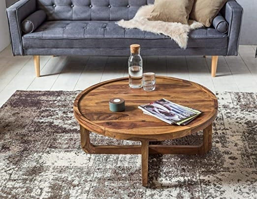 Round Solid Sheesham Wood Coffee Table (85 cm) with Tray Top