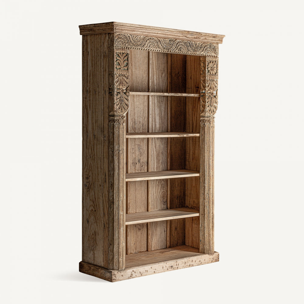 Vintage Hand-Carved Solid Mango Wood Bookshelf with Natural Finish