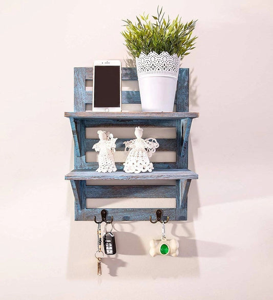 Shabby Chic Mango Wood Floating Wall Shelf in Blue Colour