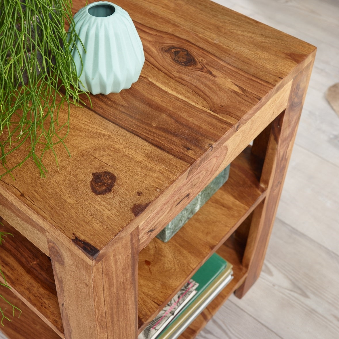 Cube Design Solid Wood Sheesham Side Table with Storage