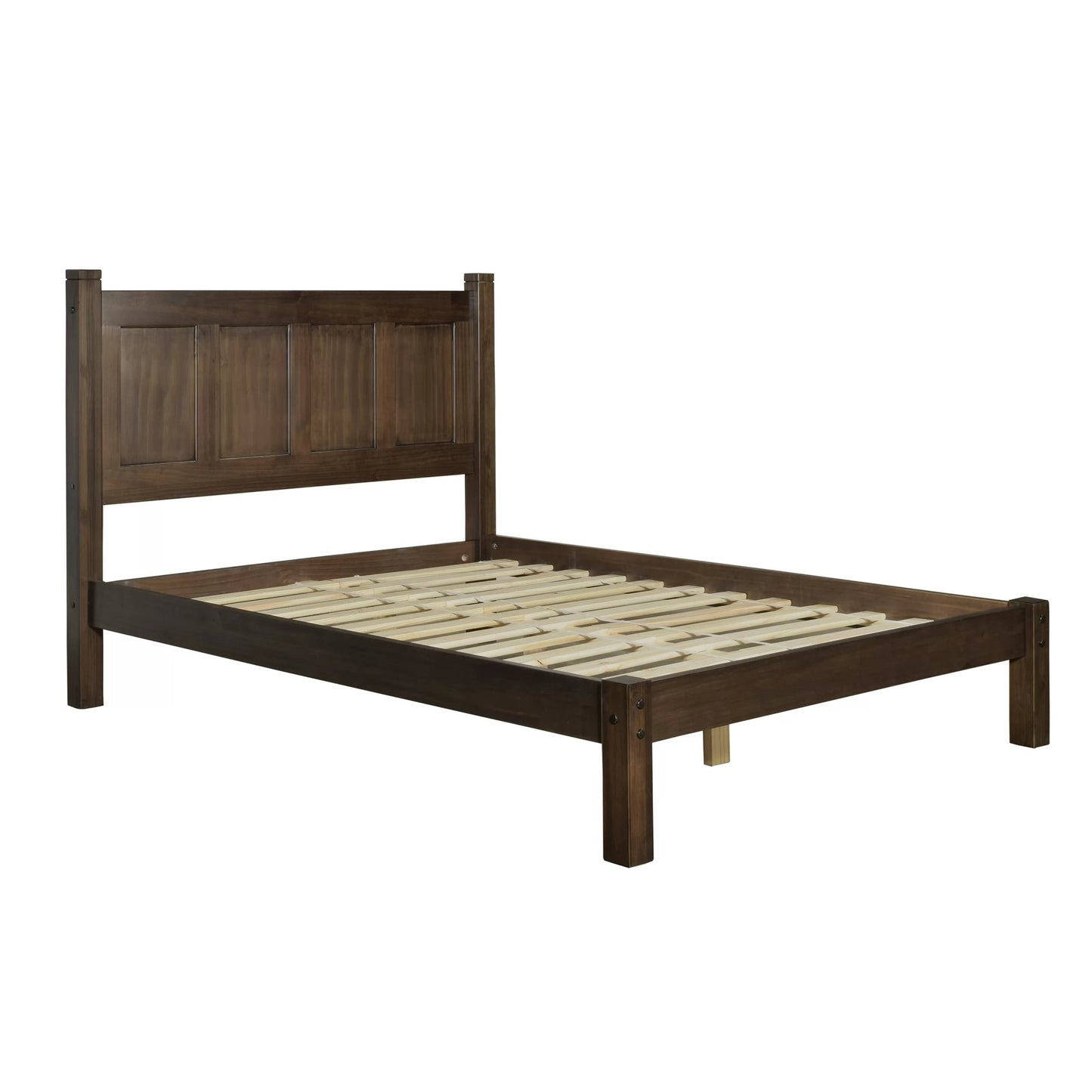 Aker Solid Wood Platform Bed  with Paneled Headboard | Dark Brown Finish