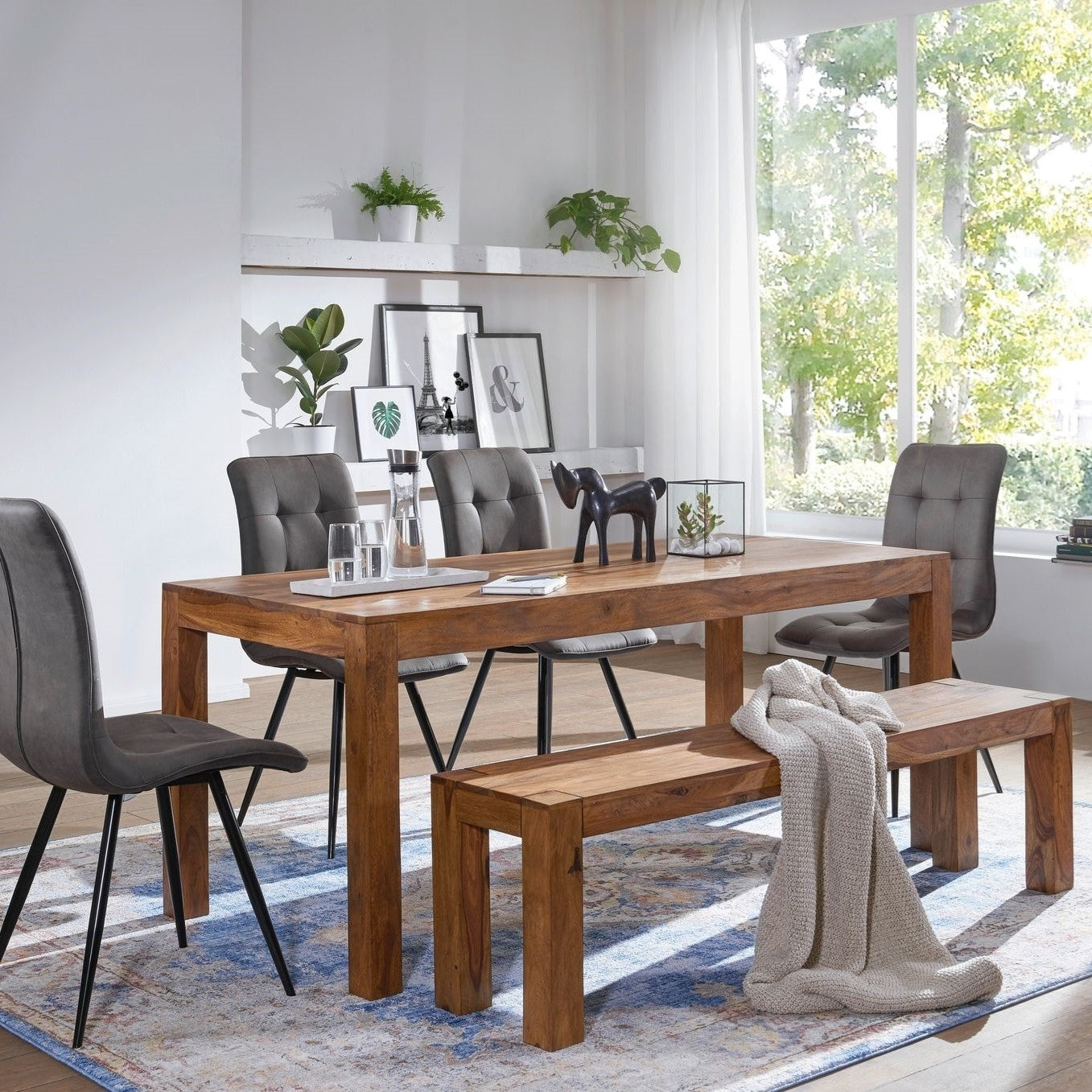 Solid Sheesham Wood Dining Table Contemporary Block-Leg Design