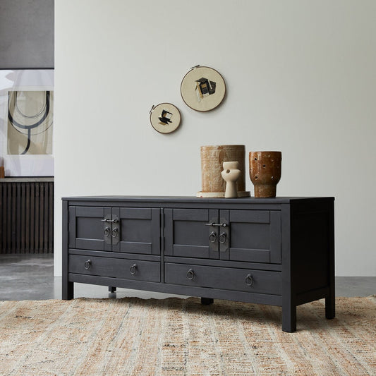 Onyx Black Solid Mango Wood TV Unit 2 Drawer 4 Door In Black Finish