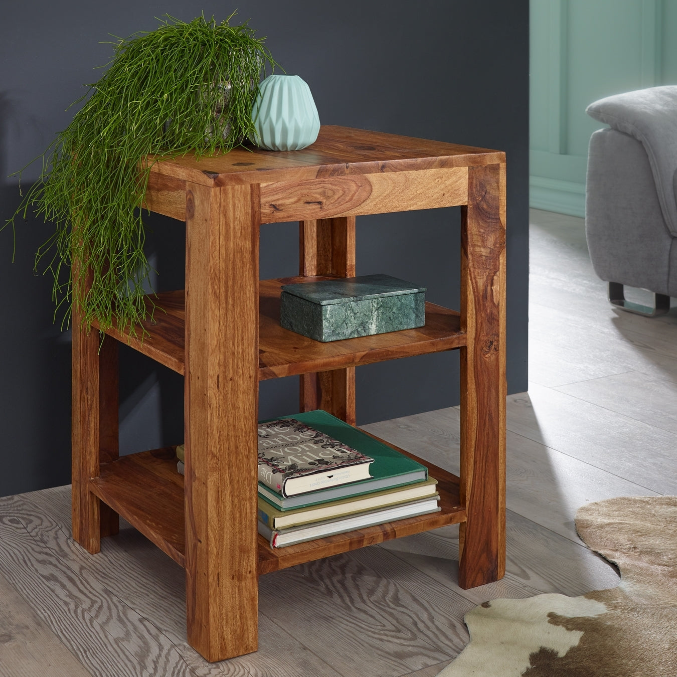 Cube Design Solid Wood Sheesham Side Table with Storage