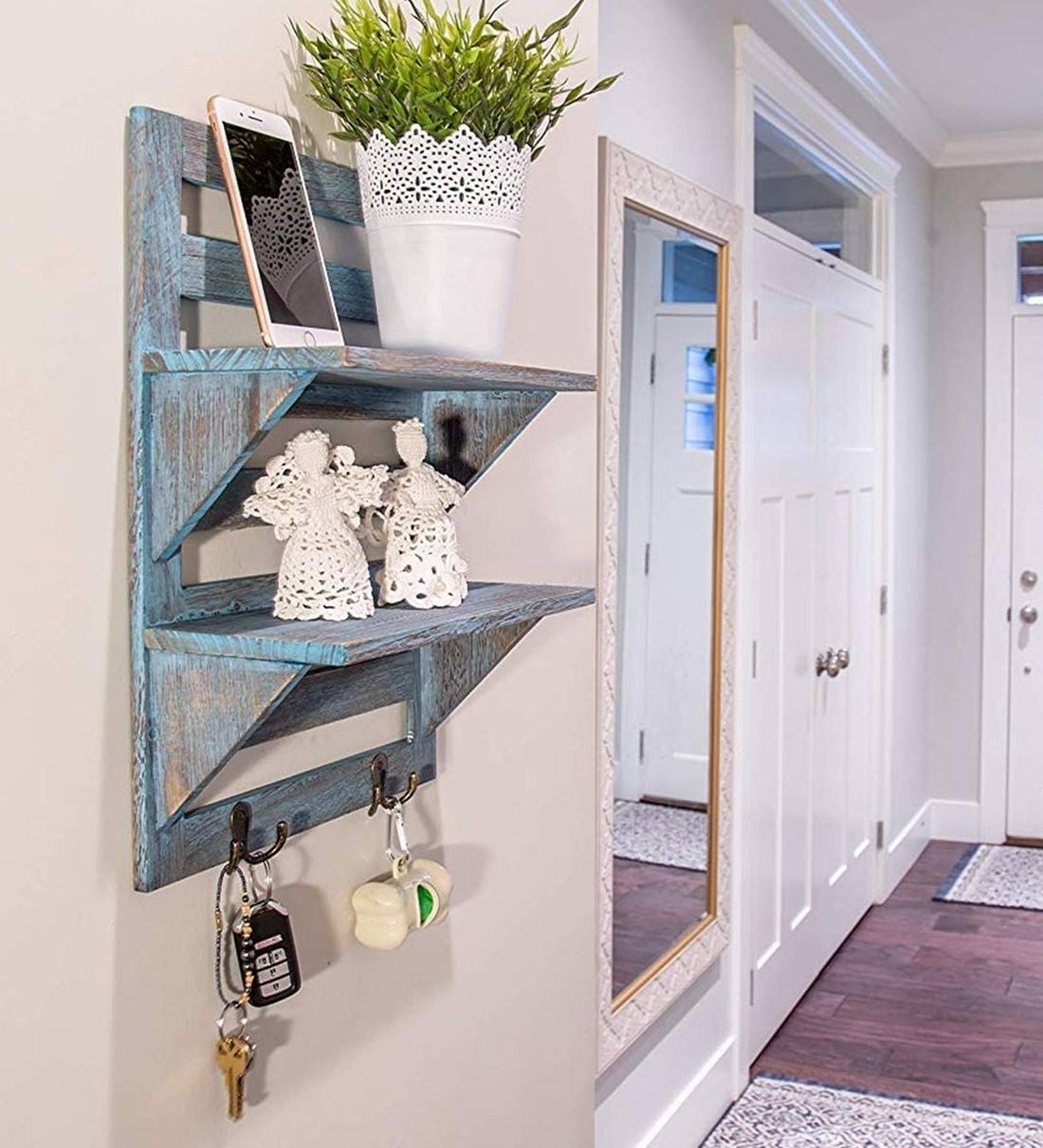 Shabby Chic Mango Wood Floating Wall Shelf in Blue Colour
