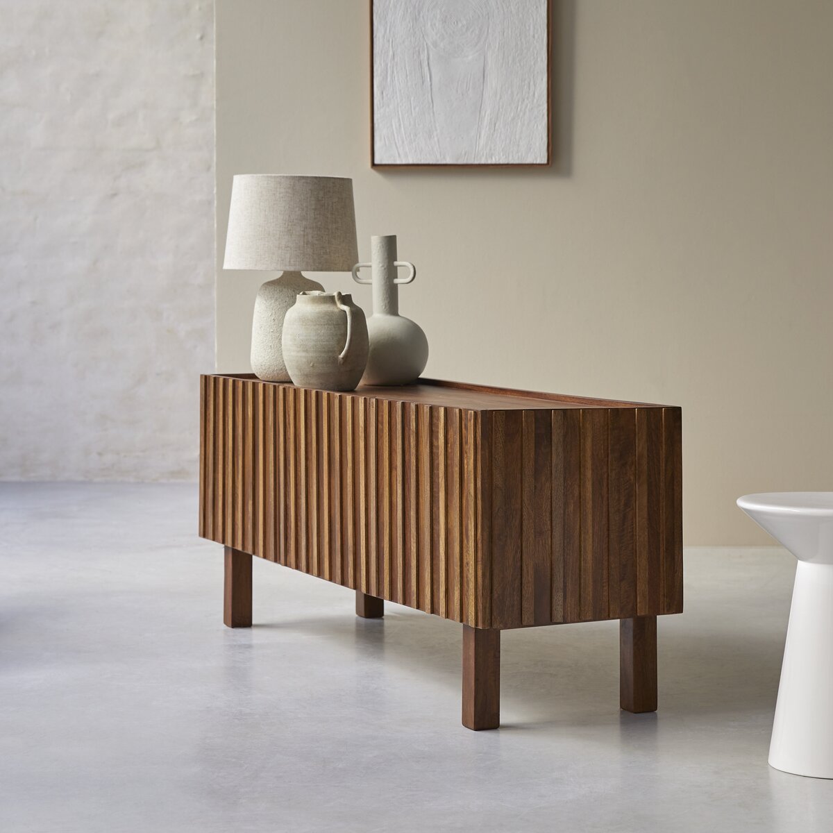 Fluted Solid Mango Wood TV Unit 3 Door with Vertical Slats