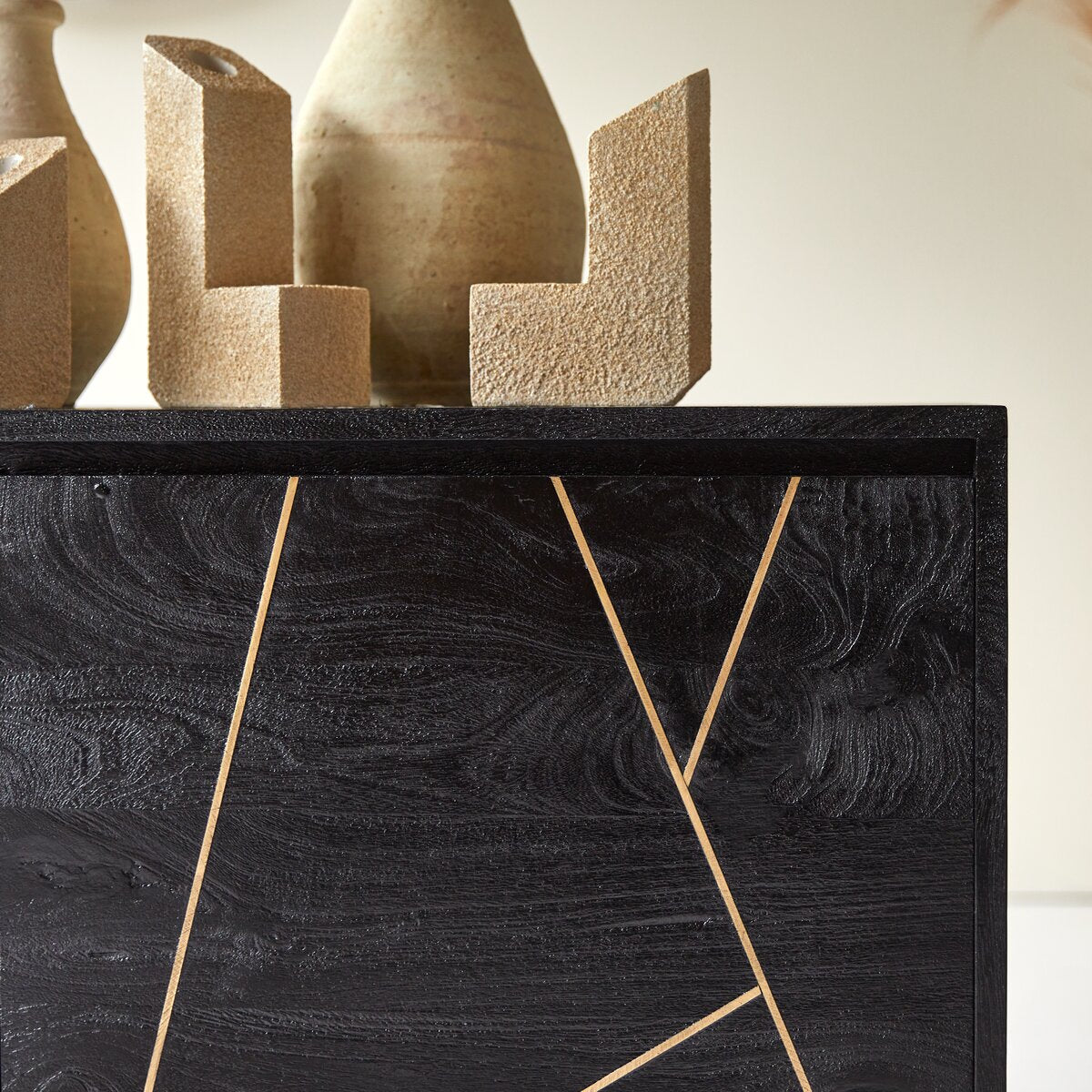 3-Door Black TV Stand Table with Geometric Gold Inlay