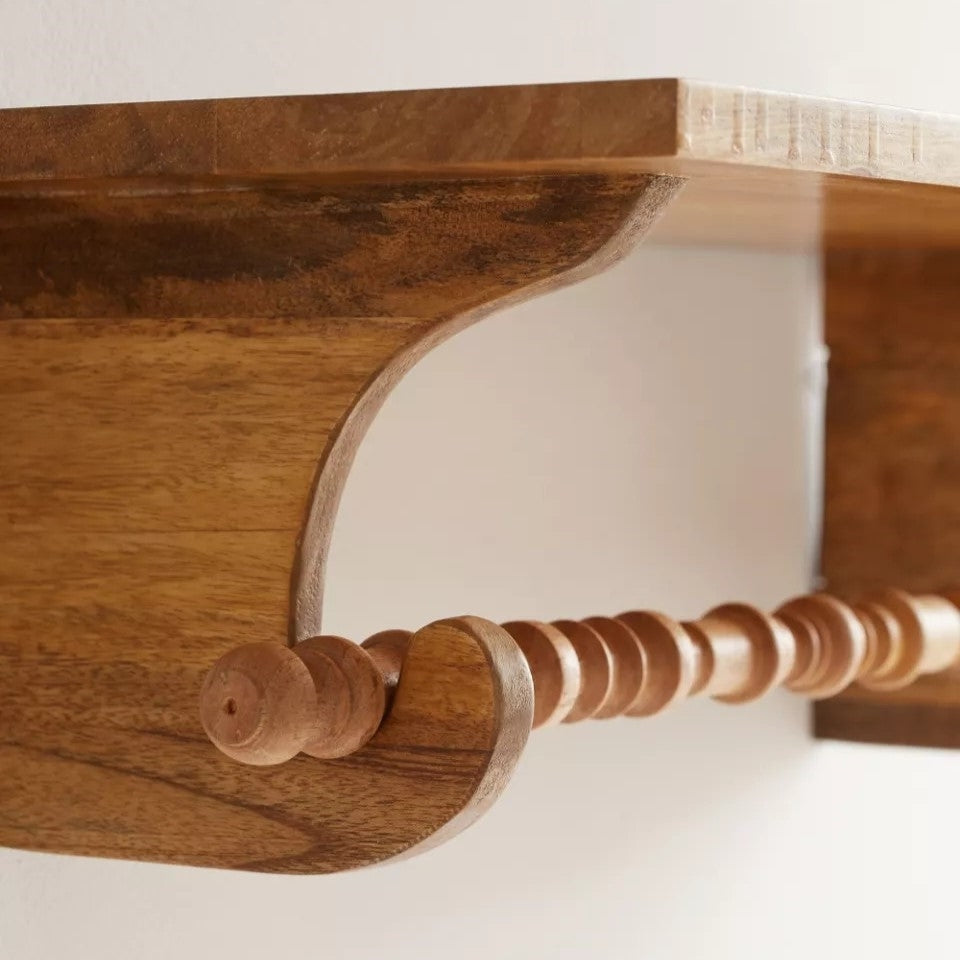 Handcrafted Mango Wood Wall Shelf with Detachable Spindle Bar