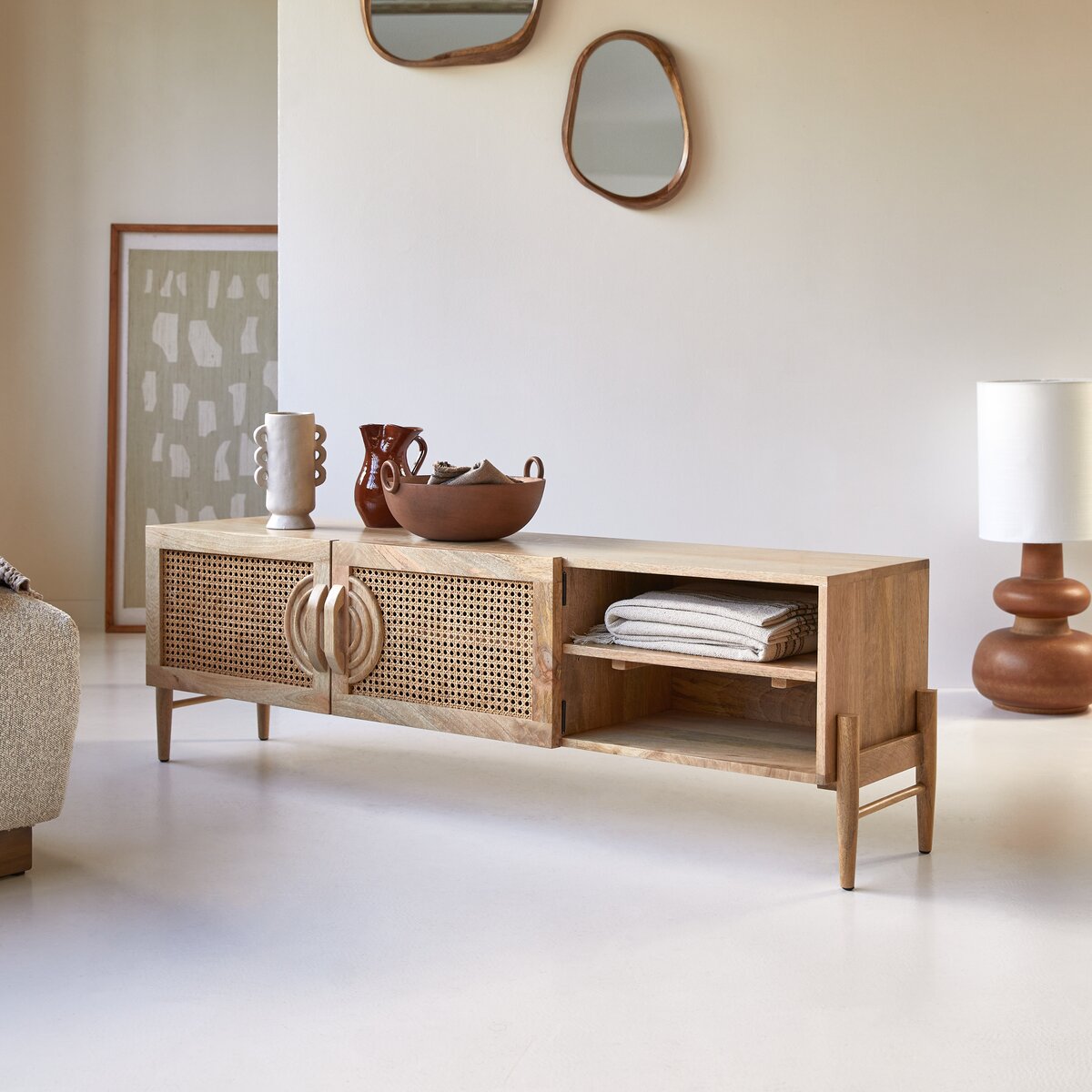 Ziggy Solid Mango Wood TV Unit 2 Deep Walnut Finish with Open Cubby Storage