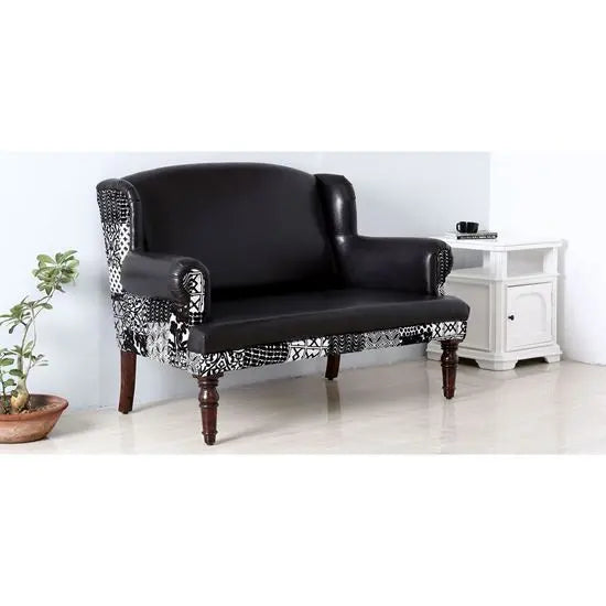 Maharani Sofa Vintage Black Leatherette 2-Seater Sofa with Wooden Legs