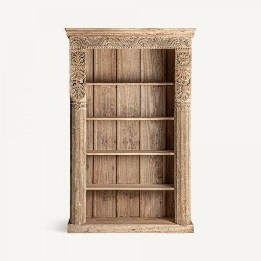 Vintage Hand-Carved Solid Mango Wood Bookshelf with Natural Finish