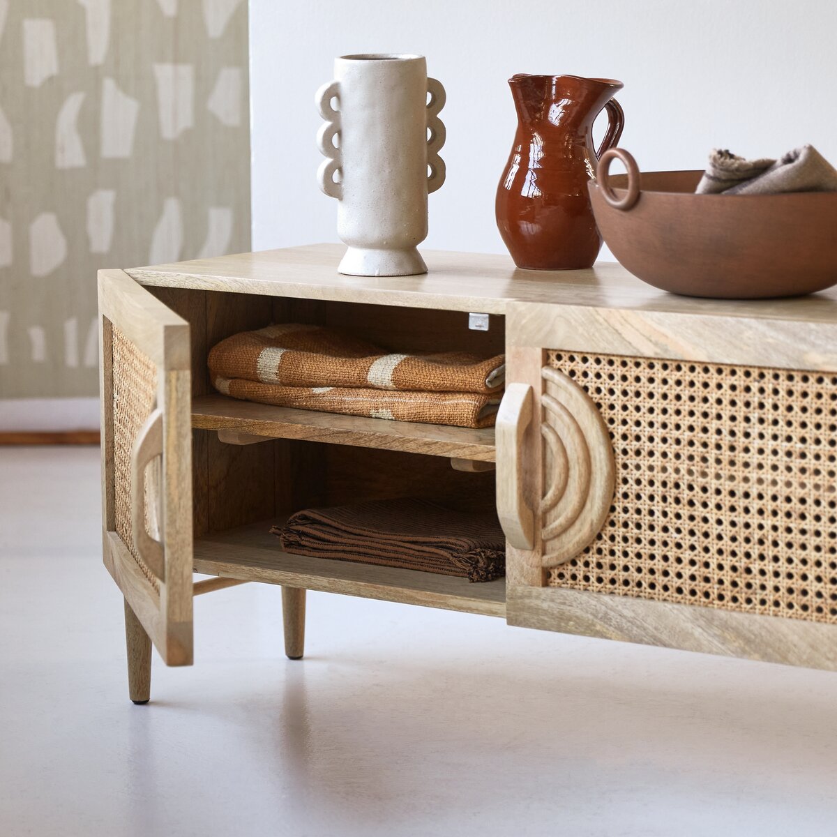 Ziggy Solid Mango Wood TV Unit 2 Deep Walnut Finish with Open Cubby Storage