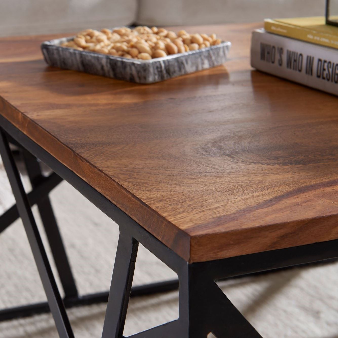 Industrial Square Coffee Table & Abstract Geometric Black Metal Base