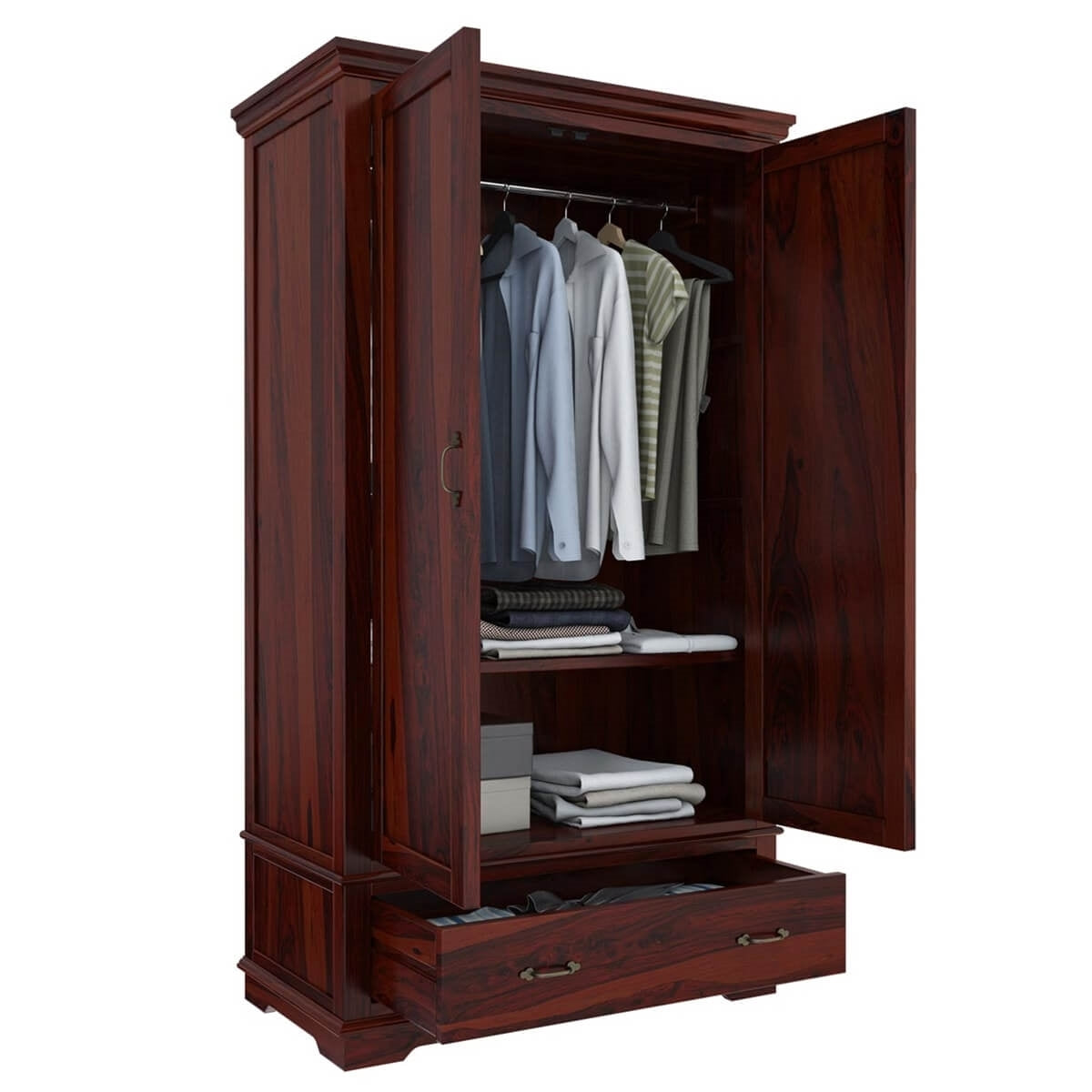 Dyson Solid Sheesham Wood 2 Door 1 Drawer Wardrobe In Mahogany Finish