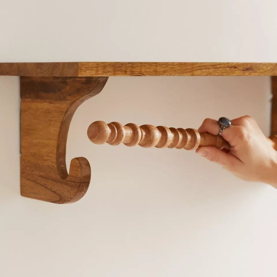 Handcrafted Mango Wood Wall Shelf with Detachable Spindle Bar
