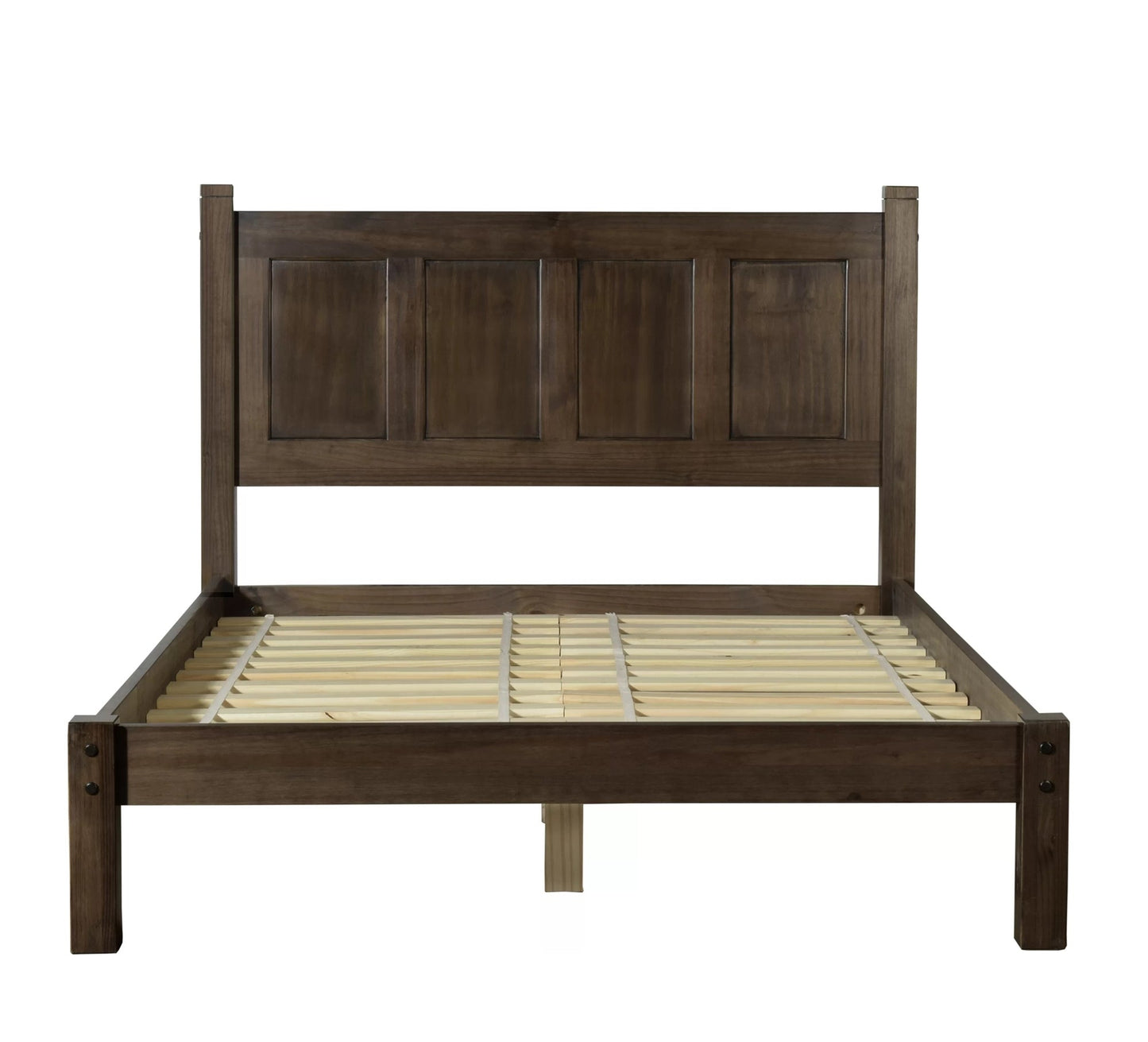Aker Solid Wood Platform Bed  with Paneled Headboard | Dark Brown Finish