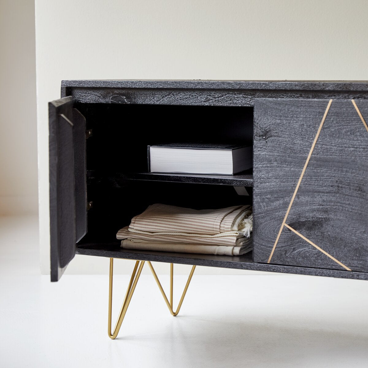 3-Door Black TV Stand Table with Geometric Gold Inlay