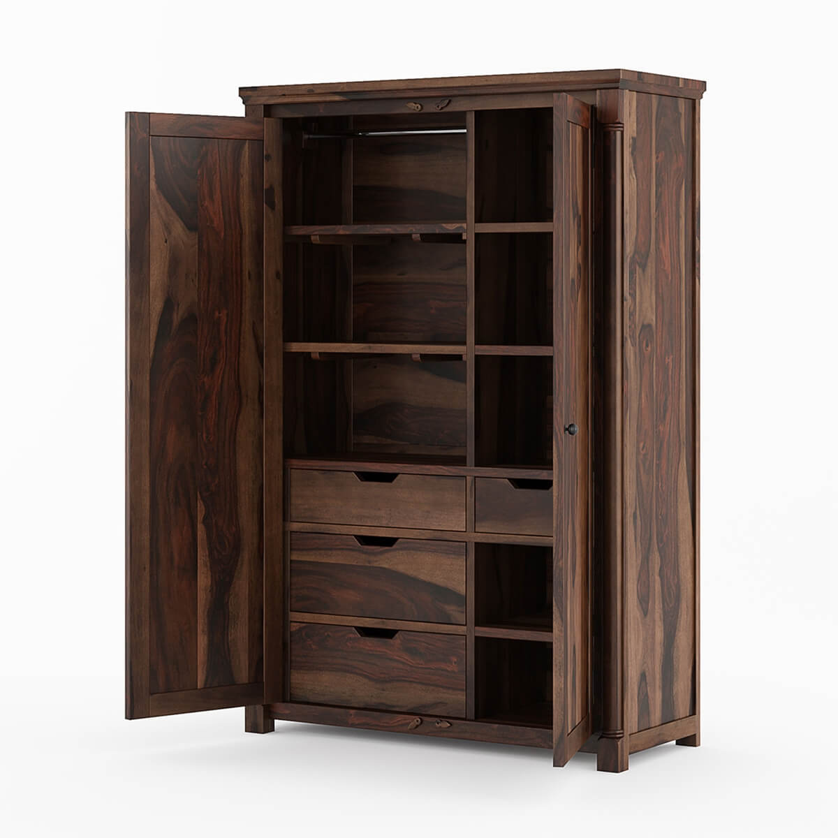 Classic Sheesham Wood 2-Door Wardrobe with Multi-Level Storage