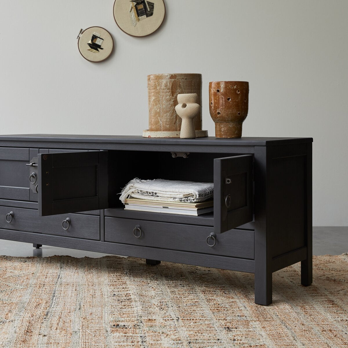 Onyx Black Solid Mango Wood TV Unit 2 Drawer 4 Door In Black Finish