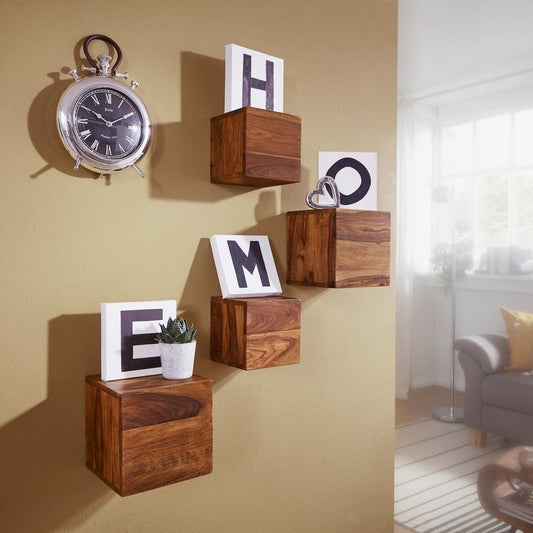 Sheesham Wood Floating Cube Wall Shelf in Teak Finish
