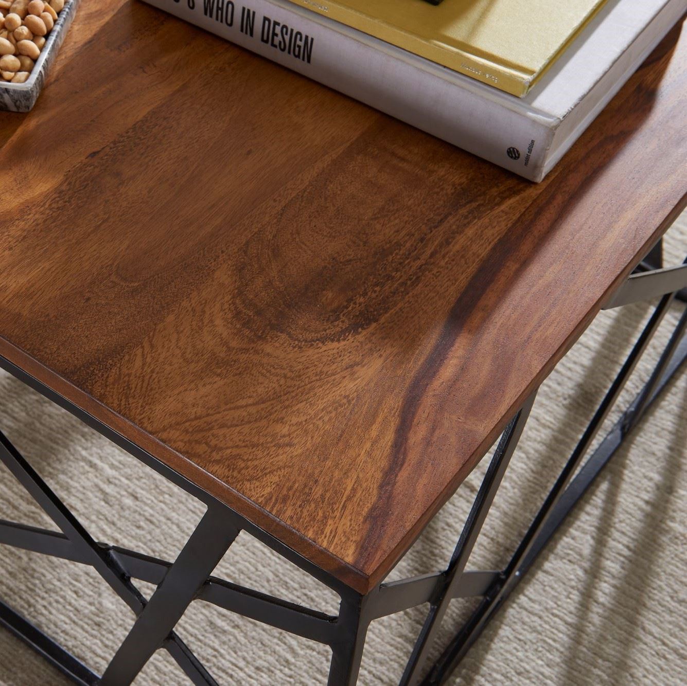 Industrial Square Coffee Table & Abstract Geometric Black Metal Base