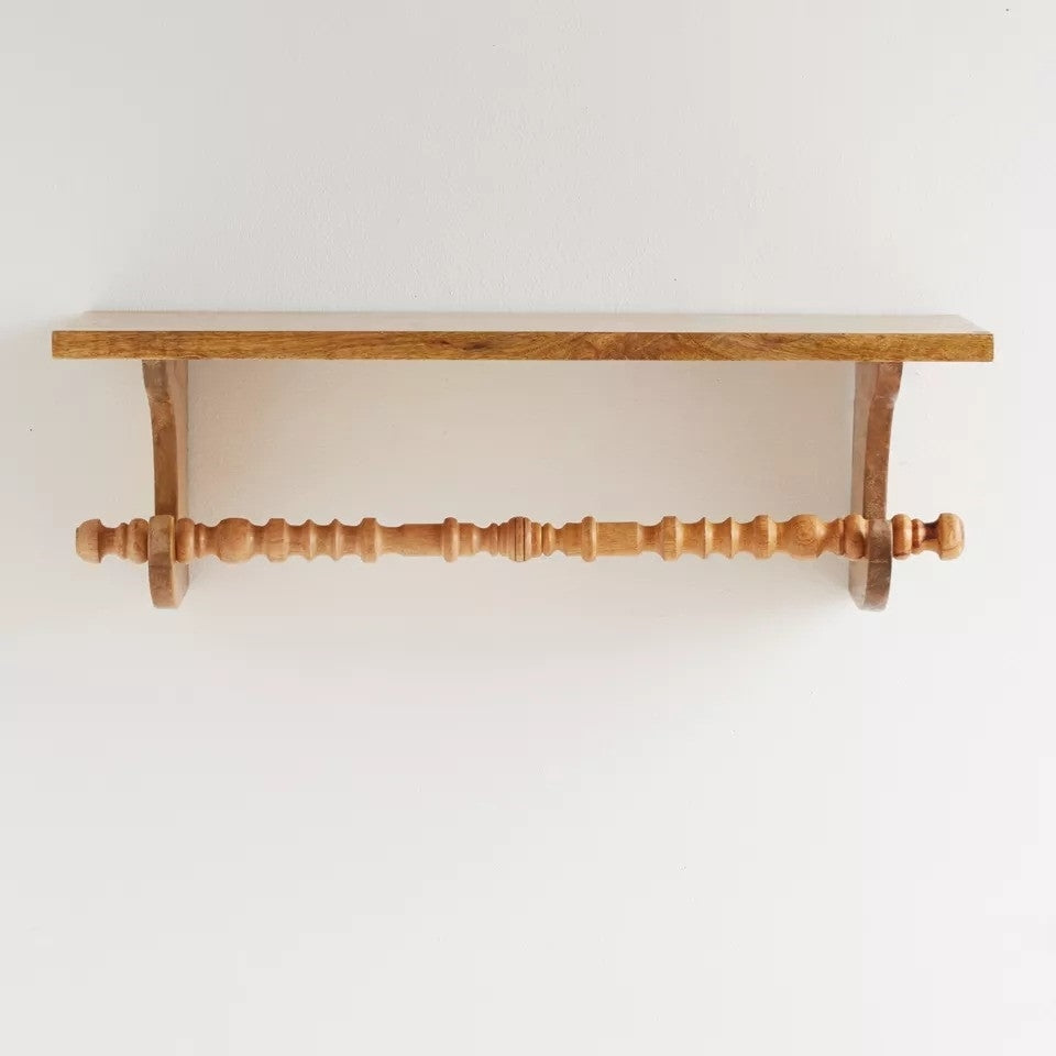 Handcrafted Mango Wood Wall Shelf with Detachable Spindle Bar