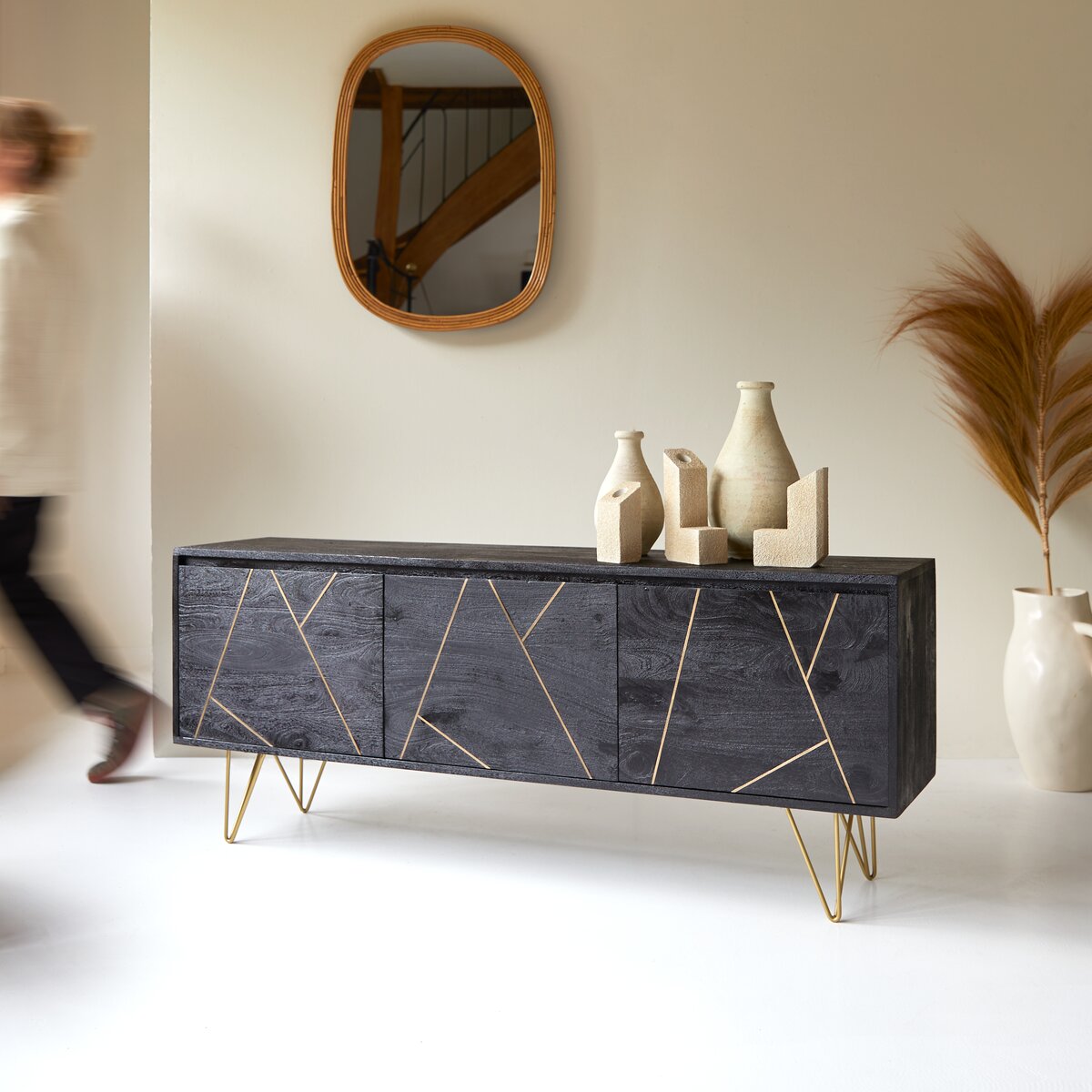 3-Door Black TV Stand Table with Geometric Gold Inlay