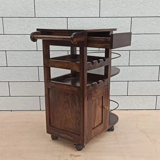 Logan Bar Cabinet Walnut Finish Server Trolley with Drawer & Bottle Rack