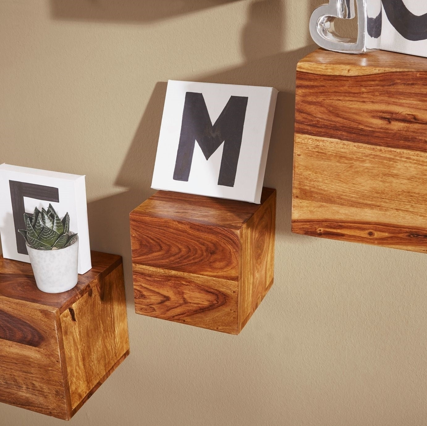 Sheesham Wood Floating Cube Wall Shelf in Teak Finish