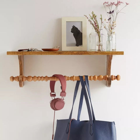 Handcrafted Mango Wood Wall Shelf with Detachable Spindle Bar