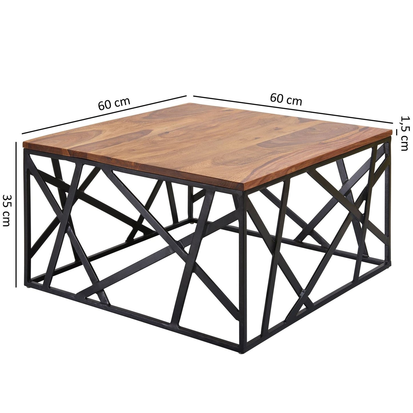 Industrial Square Coffee Table & Abstract Geometric Black Metal Base