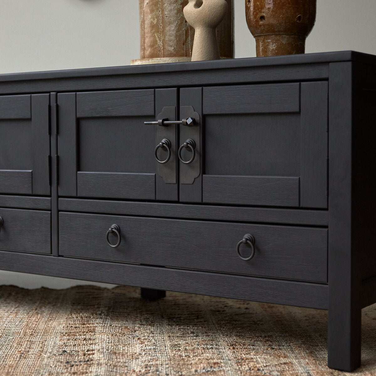 Onyx Black Solid Mango Wood TV Unit 2 Drawer 4 Door In Black Finish