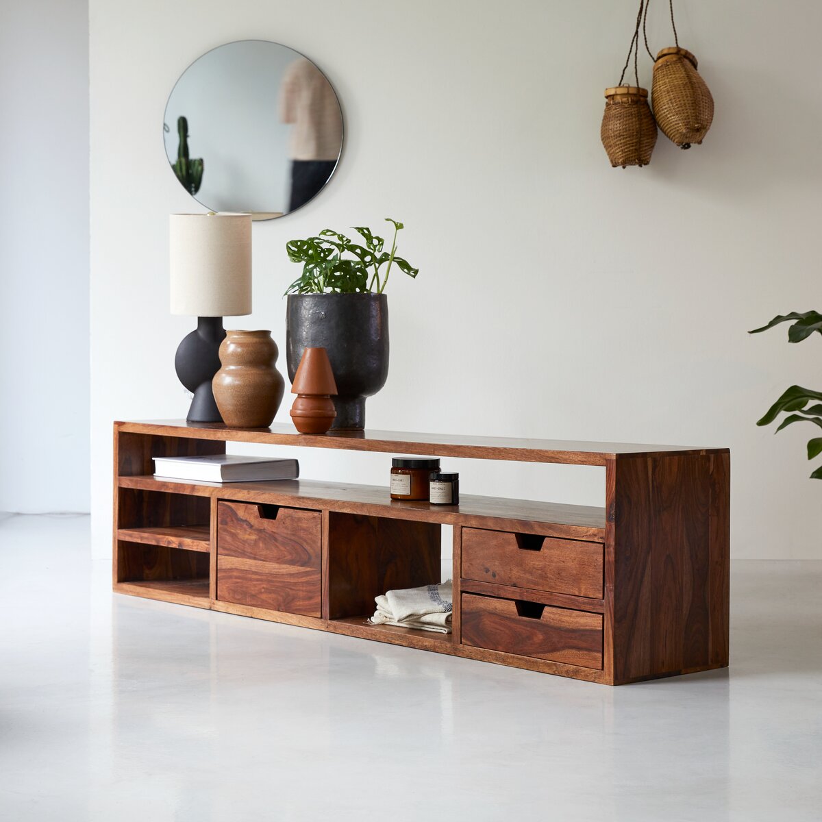 Modern Cube Rustic TV Unit Honey Oak Finish with Extensive Storage