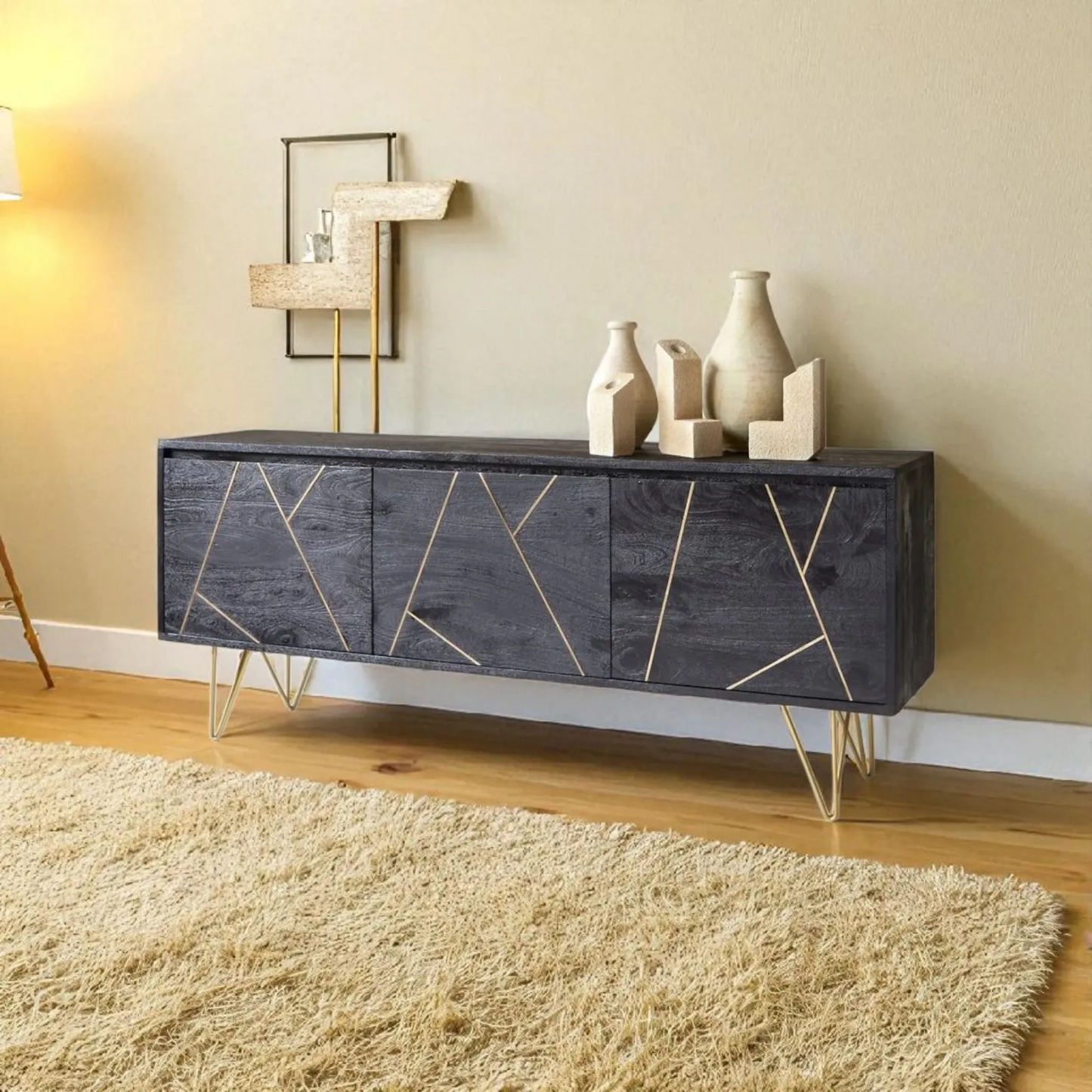 3-Door Black TV Stand Table with Geometric Gold Inlay